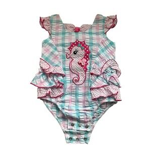 Bonnie Jean Baby Seahorse Romper Gingham Ruffles Beach Toddler Girl Size‎ 18M